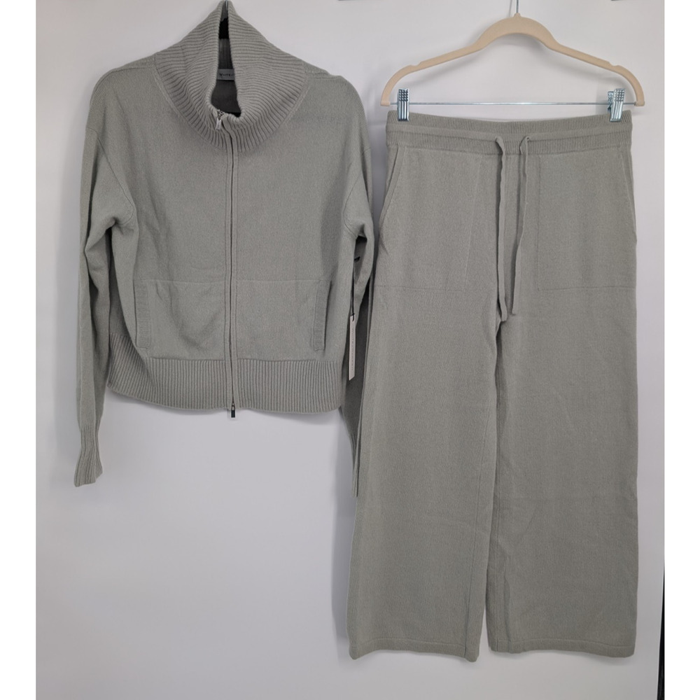 New White + Warren 100% Cashmere Zip Jacket Wide leg Pants Set Sz M Mint 9A602 - Picture 1 of 13